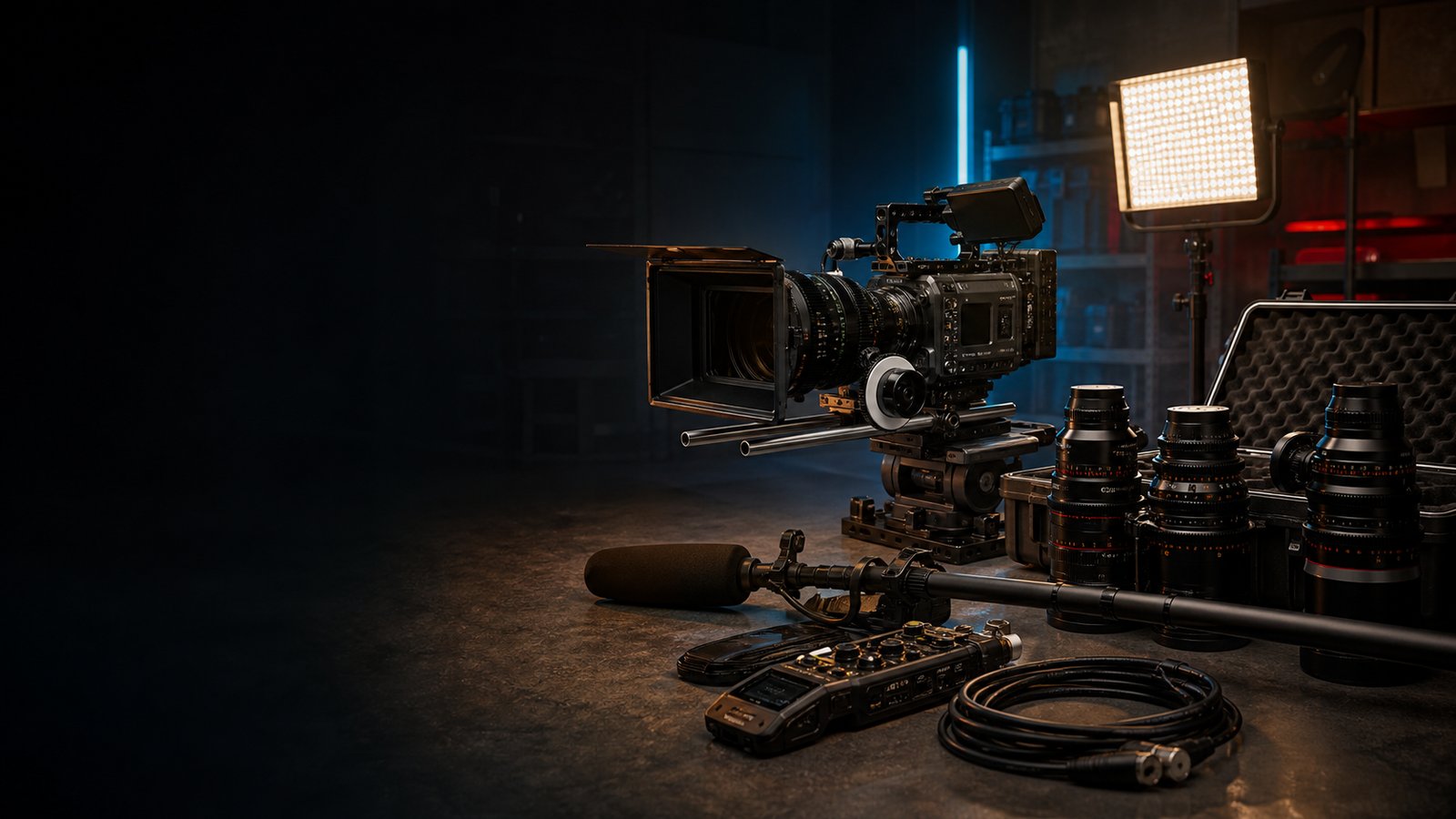 Cinema camera, lenses, lighting and sound equipment prepared for hire